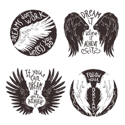 Hand drawn wings label set with motivation text isolated vector illustration