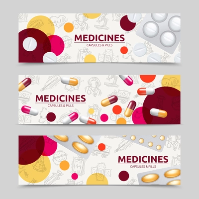 Pills capsules and medicines horizontal banner set isolated vector illustration