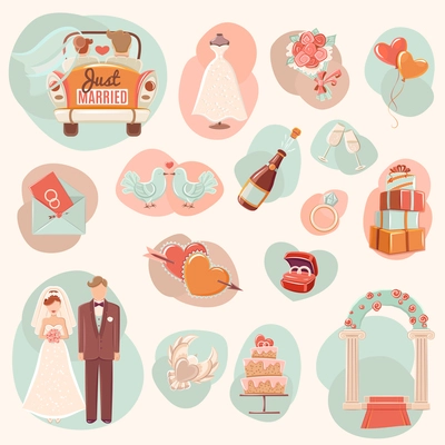 Engagement wedding day party and honey moon concept love romantic symbols icons set abstract isolated vector illustration