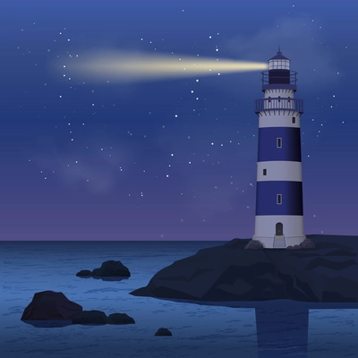 Realistic lighthouse on seashore rock in the night vector illustration