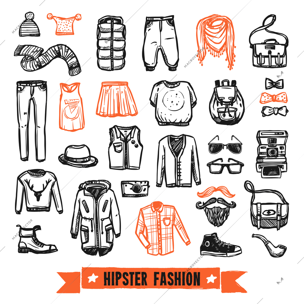 Modern hipster fashion clothing and accessories  black and orange doodle style pictograms collection abstract vector isolated illustration