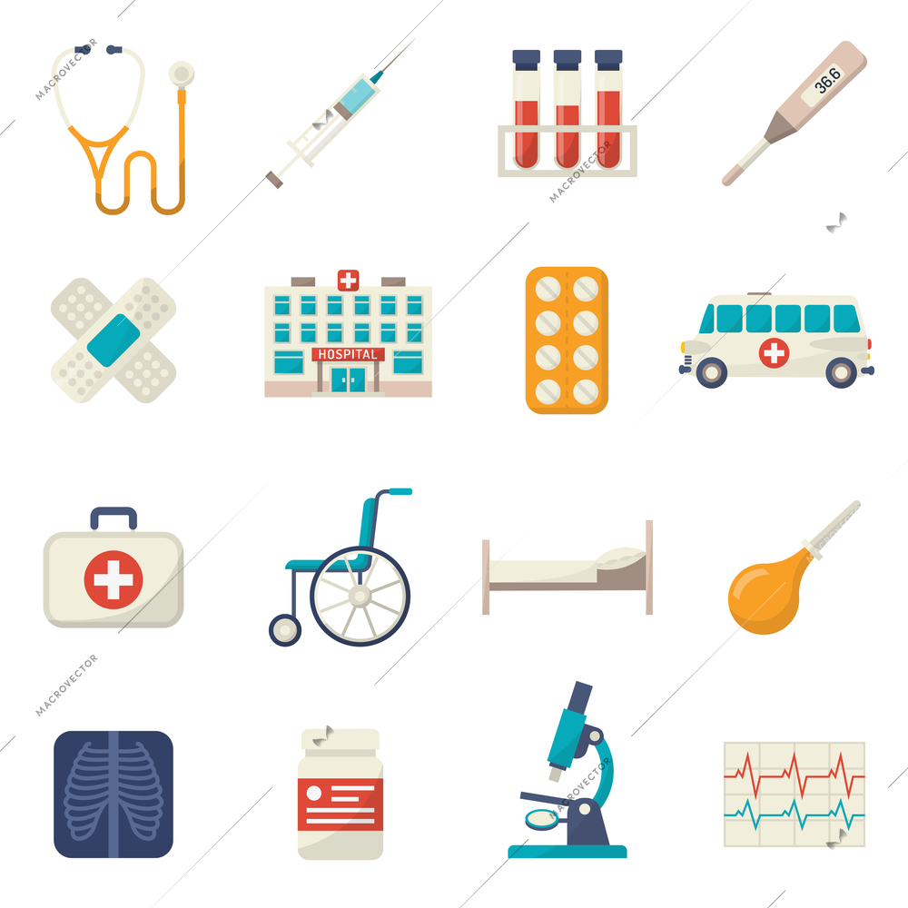 Medical icons flat set with wheelchair blood test hospital bed isolated vector illustration