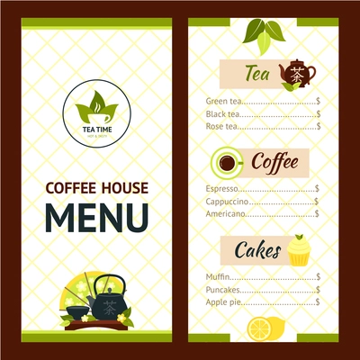 Tea cafe menu design template with drinks and snacks vector illustration