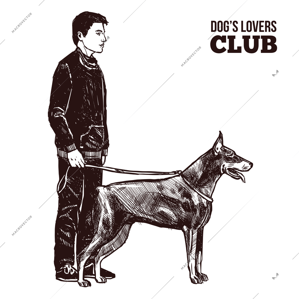 Hand drawn man and dog on the leash silhouettes vector illustration