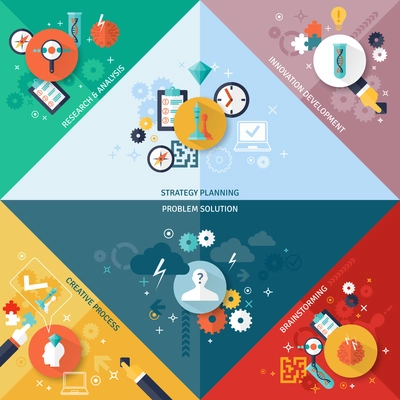 Business strategy corner concept set with brainstorming planning research and development symbols flat isolated vector illustration