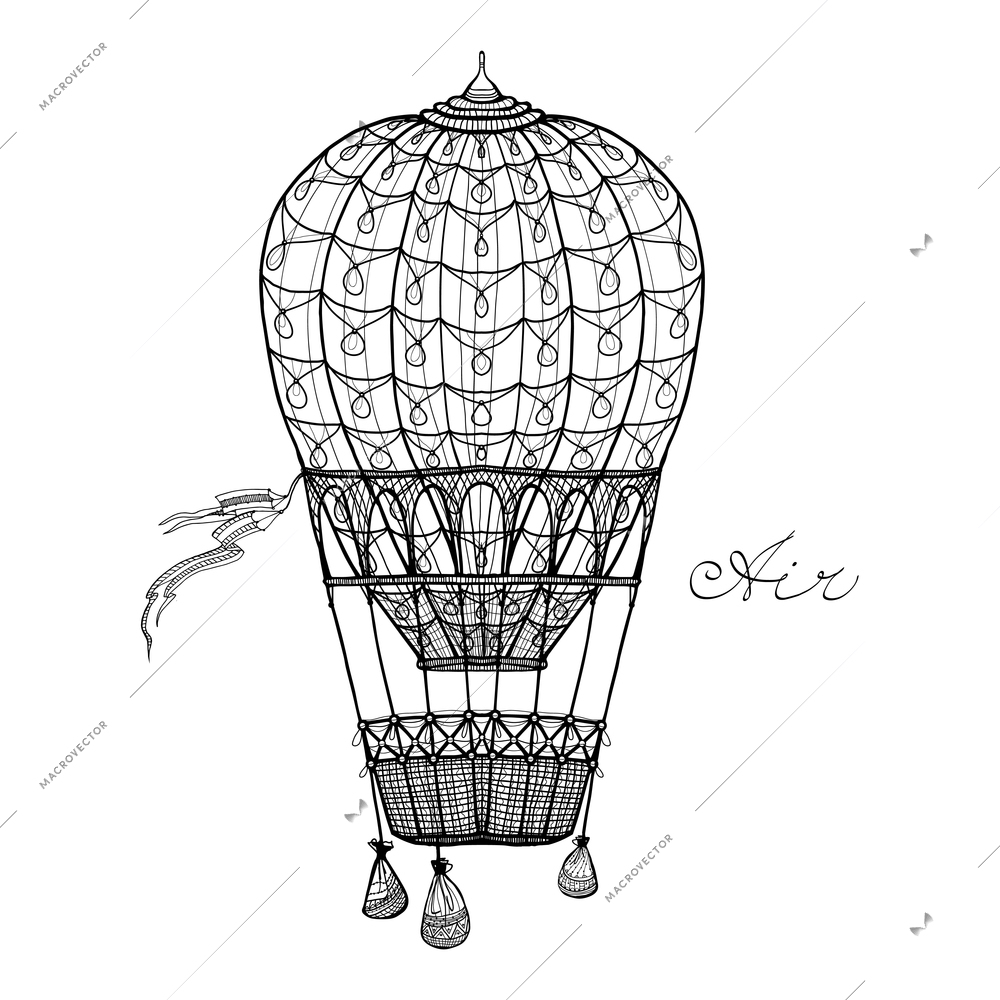 Retro style hand pencil drawn hot air balloon vector illustration