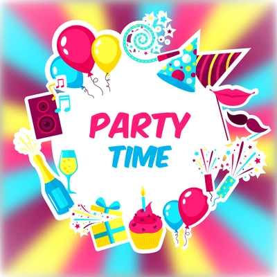 Celebration background with holiday symbols and party time text vector illustration