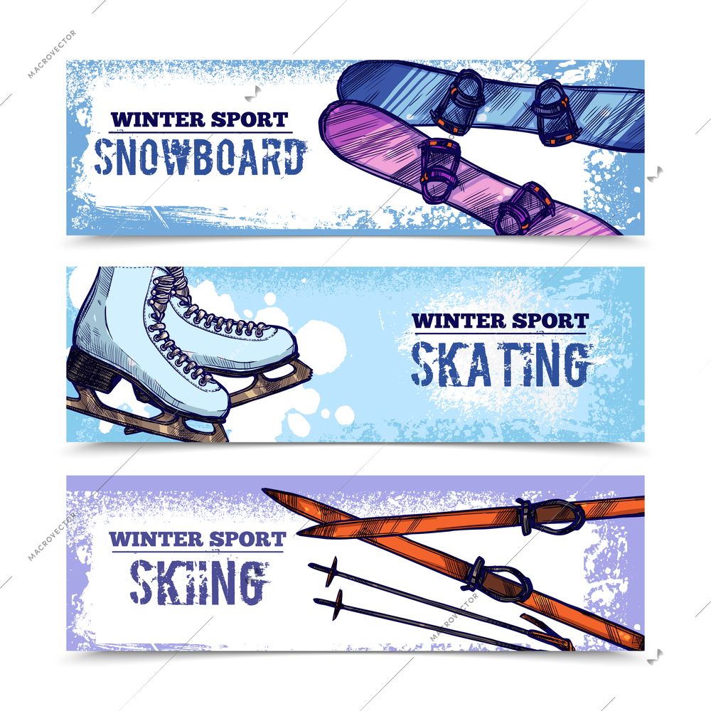 Winter sport horizontal banner set with snowboard skating and skiing isolated vector illustration