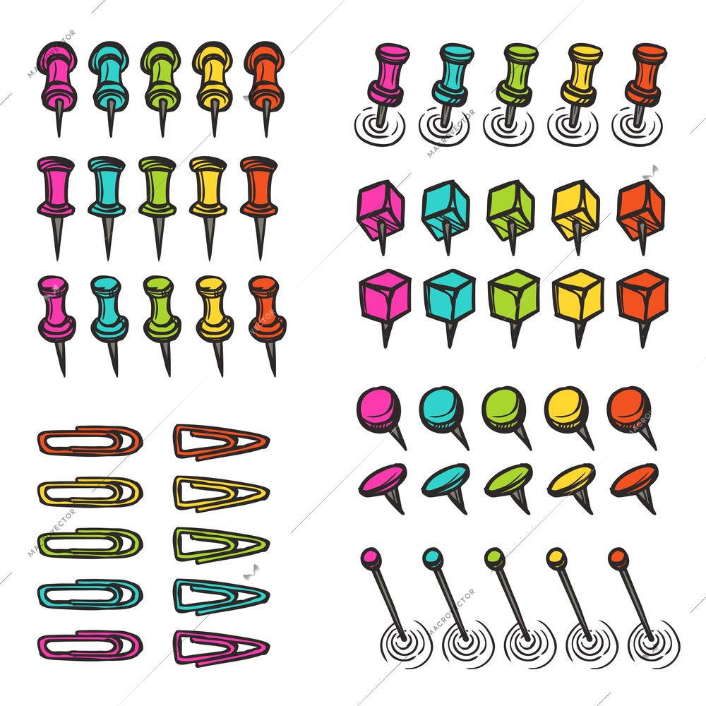 Stationary shop regular use items supply  colorful pictograms collection of navigation push pins abstract isolated vector illustration