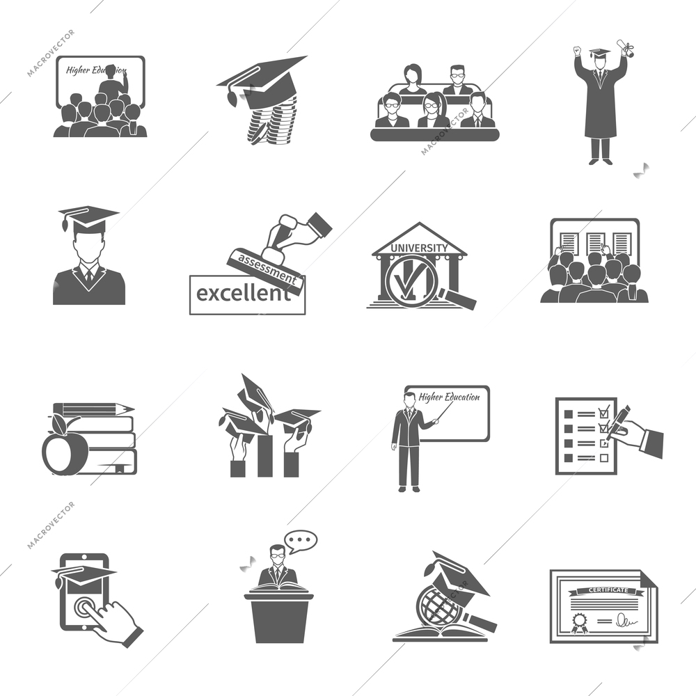 Higher education university and college seminar icon black set isolated vector illustration