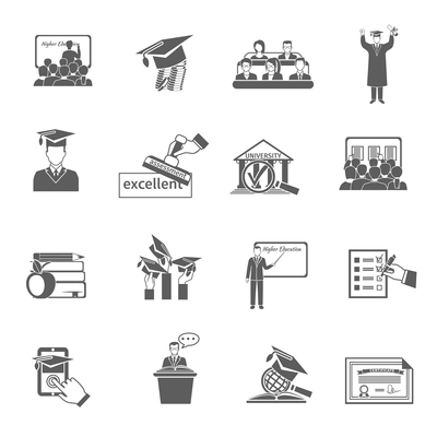 Higher education university and college seminar icon black set isolated vector illustration