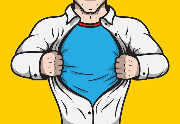 Disguised comic book superhero adult man under cover opening his shirt template vector illustration