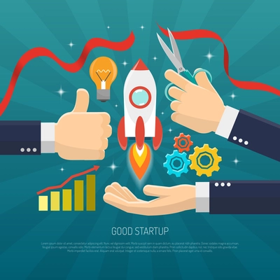 Startup concept flat with rocket and hands cutting red ribbon vector illustration