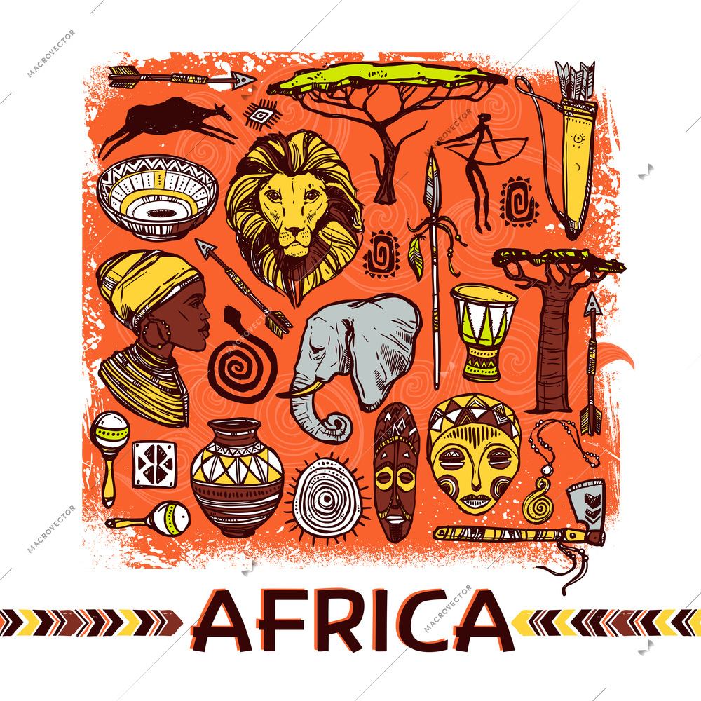 Africa sketch concept with hand drawn animals and indian people vector illustration