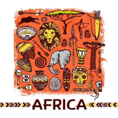 Africa sketch concept with hand drawn animals and indian people vector illustration