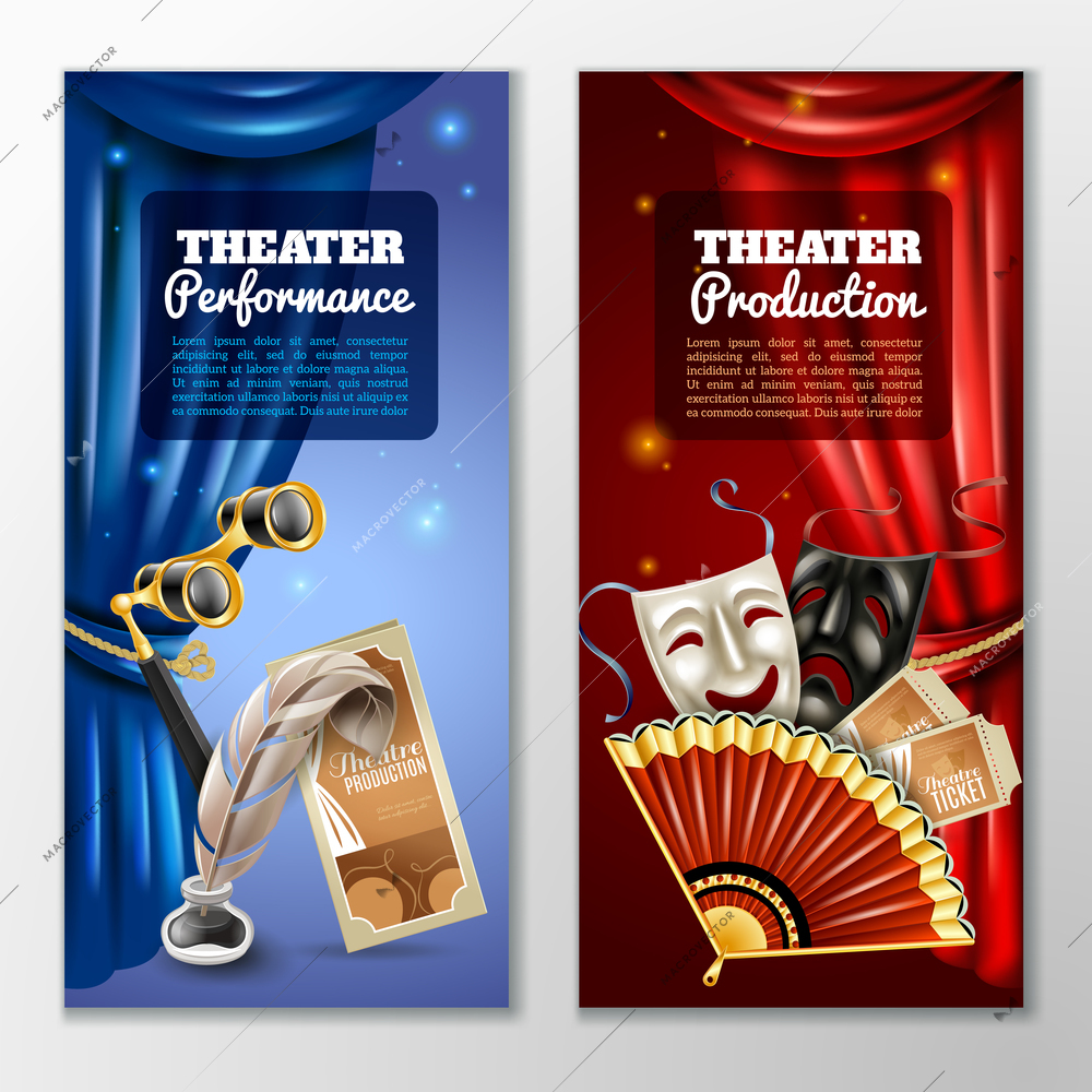 Theatre realistic vertical banners set with performance and production symbols isolated vector illustration