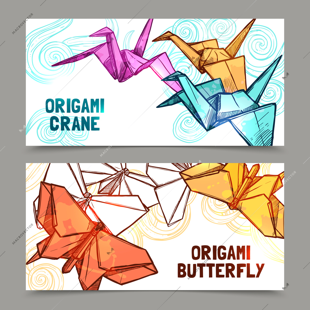 Origami butterflies and cranes paper folded symbols of  hope 2 horizontal banners set abstract isolated vector illustration