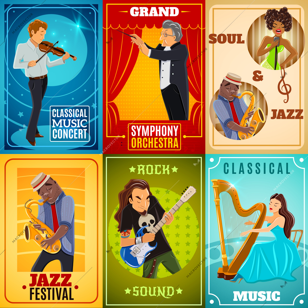 Jazz playing musicians and classical symphony orchestra conductor 6 flat banners composition poster abstract isolated vector illustration