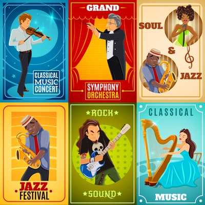 Jazz playing musicians and classical symphony orchestra conductor 6 flat banners composition poster abstract isolated vector illustration