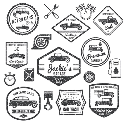Retro car labels and stickers black set isolated vector illustration