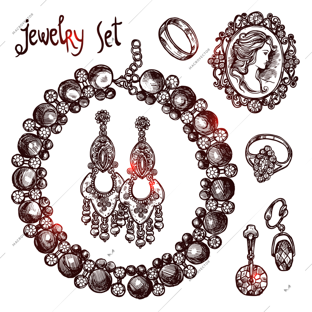 Jewelry and luxury accessories sketch icons set isolated vector illustration