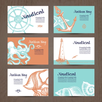 Hand drawn card set with nautical symbols isolated vector illustration