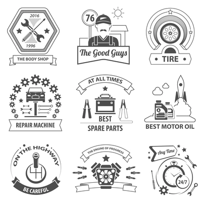 Car service black label set with premium quality workshop symbols isolated vector illustration