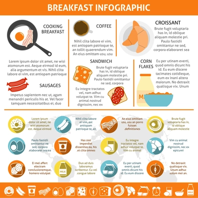 Continental and british breakfast components coffee eggs croissant flat color infographics set vector illustration