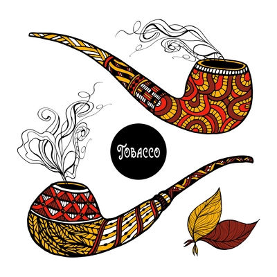 Doodle old style smoking pipes set with ornament and tobacco leaves isolated vector illustration