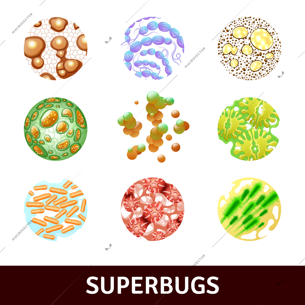 Round superbugs realistic set with various bacteria and microbes isolated vector illustration