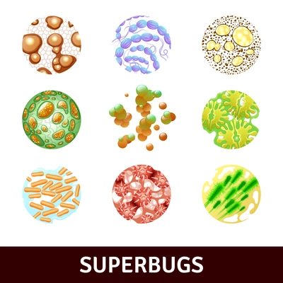 Round superbugs realistic set with various bacteria and microbes isolated vector illustration