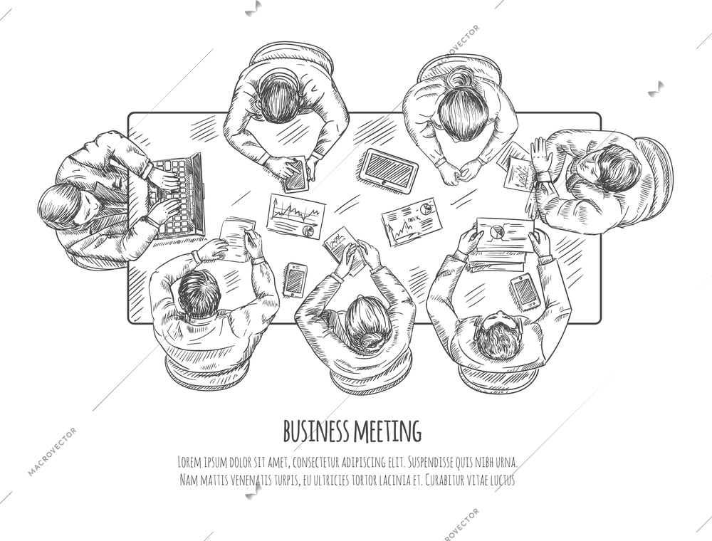 Business meeting professional discussion and teamwork concept sketch vector illustration