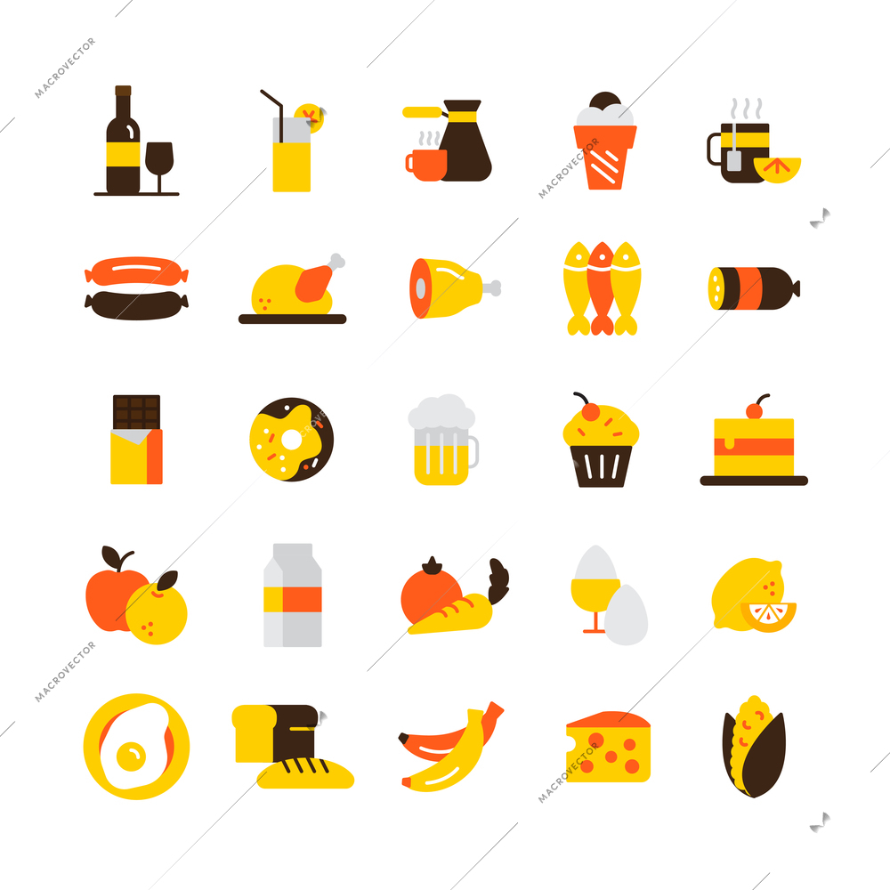 Food and drink icons set with meat chocolate and coffee flat isolated vector illustration