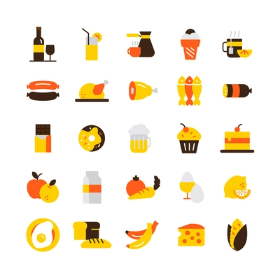 Food and drink icons set with meat chocolate and coffee flat isolated vector illustration