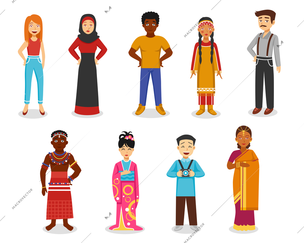 Different people icons set with Japanese Indian and Afro-American flat isolated vector illustration