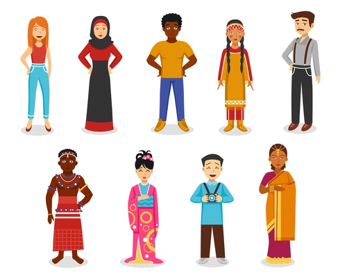 Different people icons set with Japanese Indian and Afro-American flat isolated vector illustration