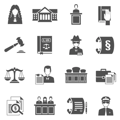 Law justice and crime black icons set isolated vector illustration