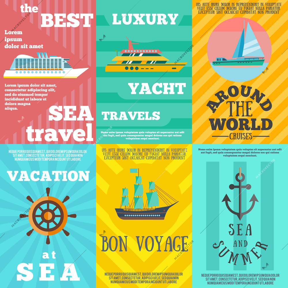 Best luxury yacht summer vacation travel at sea 6 flat icons composition banner abstract isolated vector illustration