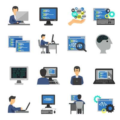 Programmer and computer programs development icons flat set isolated vector illustration