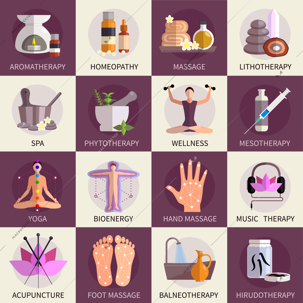 Alternative medicine icons set of yoga acupuncture wellness homeopathy  symbols   flat isolated vector illustration