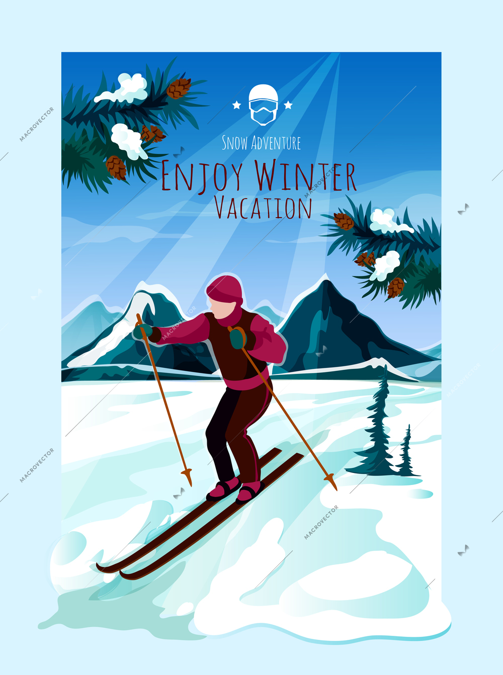 Mountain landscape poster with man skiing and pine tree branches on background vector illustration