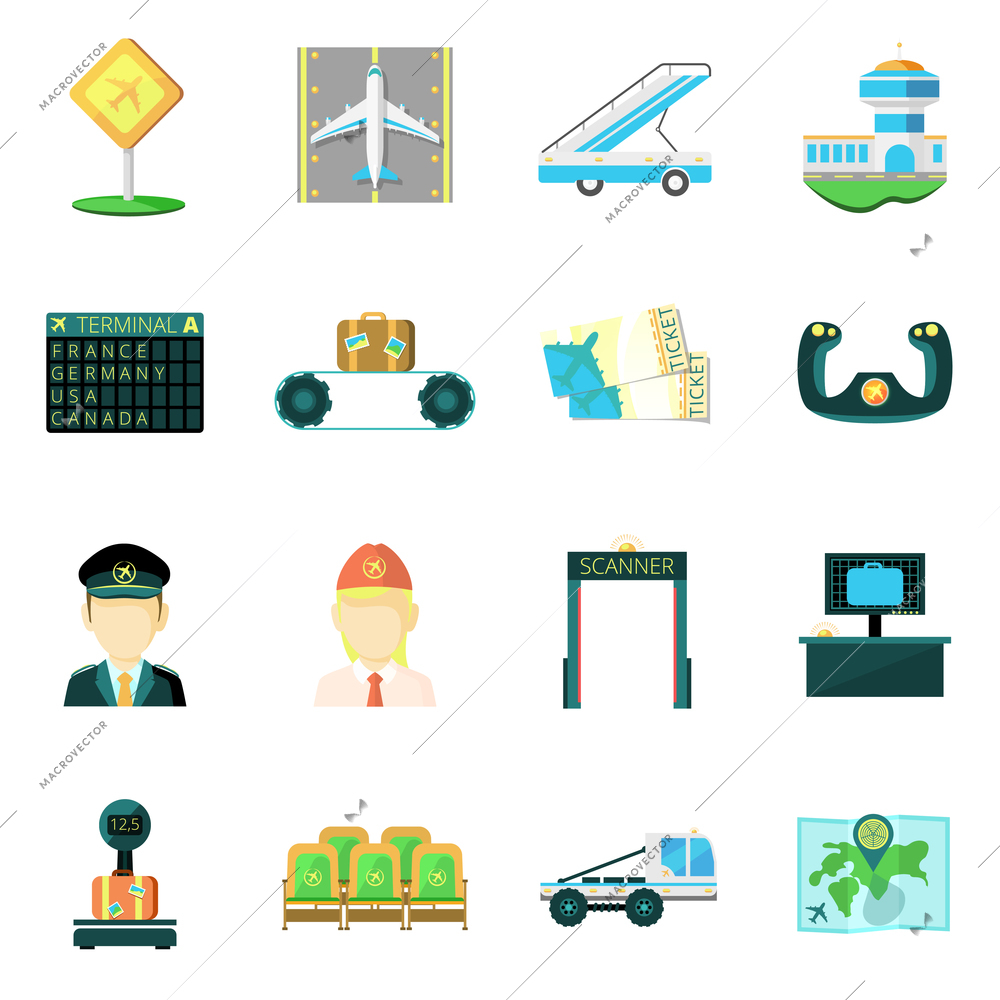 Airport safety custom  service baggage scanner and passengers screening  flat icons set abstract isolated  vector illustration