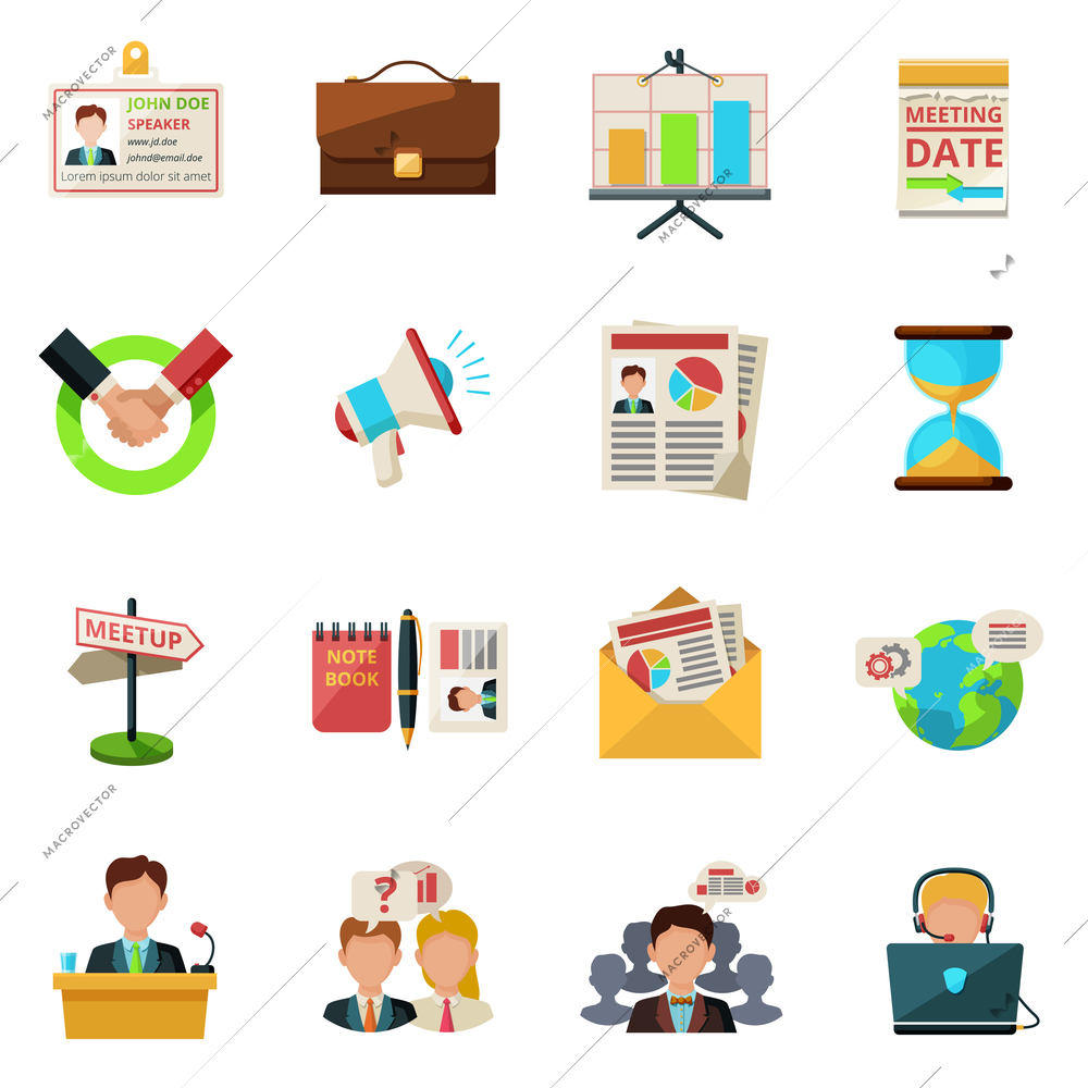 Meeting icons flat set with people teamwork symbols isolated vector illustration