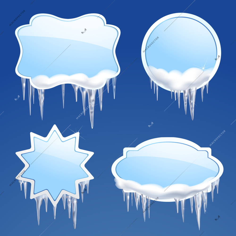 Icicle and snow realistic frames set on blue background isolated vector illustration