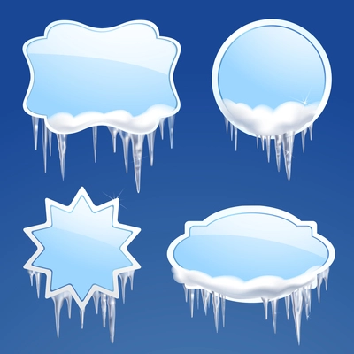 Icicle and snow realistic frames set on blue background isolated vector illustration