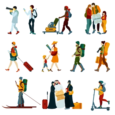 Touristic people set with males and females with backpacks and maps isolated vector illustration