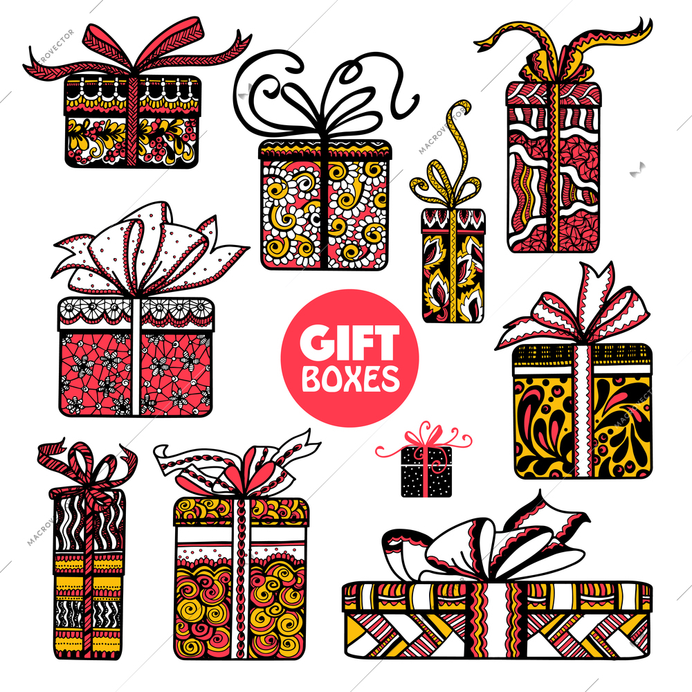 Holiday season presents and gifts boxes wrapped in colorful  paper  pictograms set doodle abstract isolated vector illustration