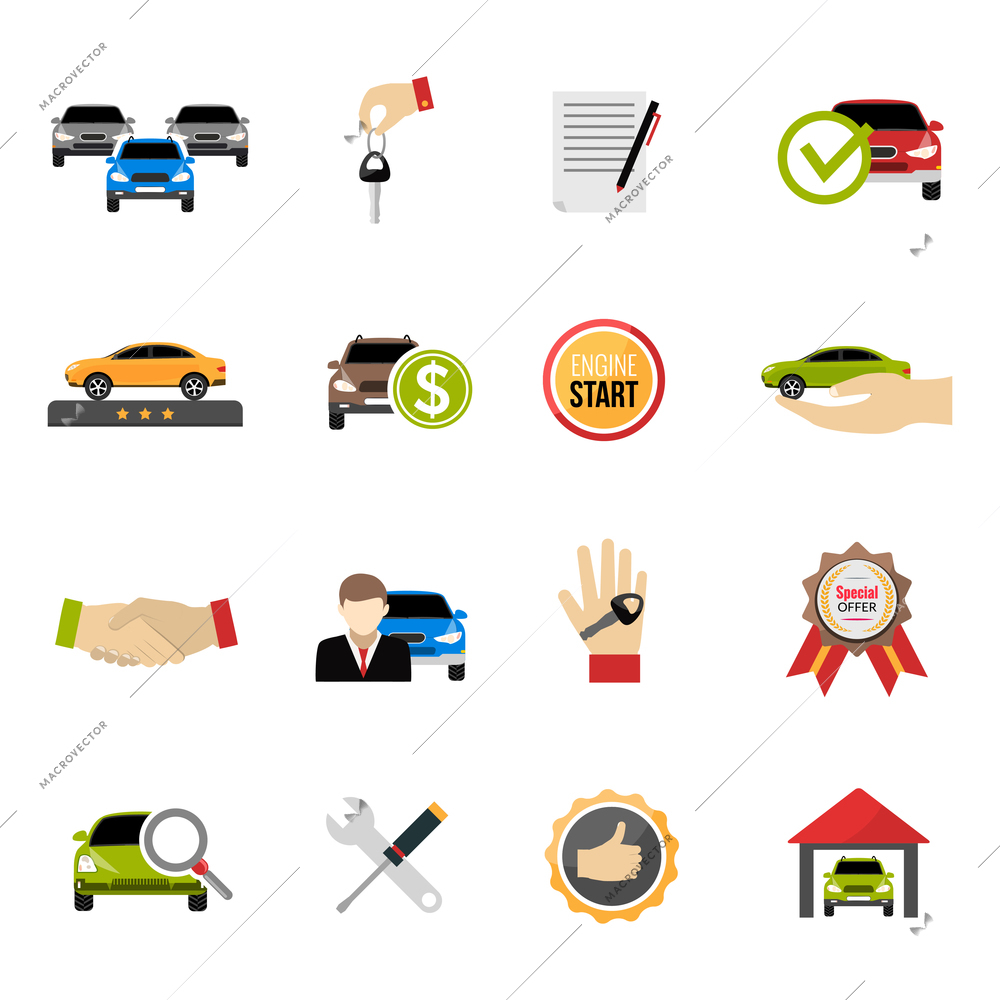 Car dealership icons set with purchase price and special offer symbols flat isolated vector illustration