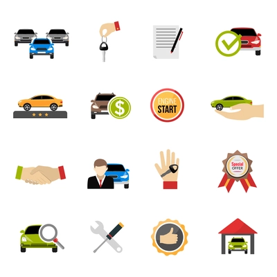 Car dealership icons set with purchase price and special offer symbols flat isolated vector illustration