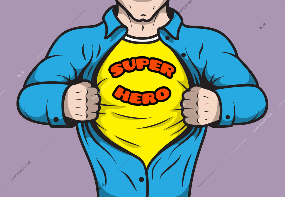 Masked comic book superhero adult man under cover opening his shirt concept vector illustration